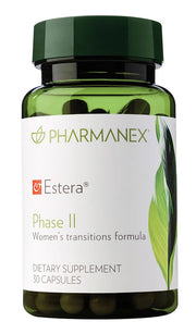 Green supplement bottle labeled 'Pharmanex Estera Phase II' on a white background
