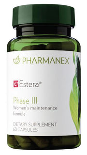 Green supplement bottle labeled 'Pharmanex Estera Phase III' on a white background