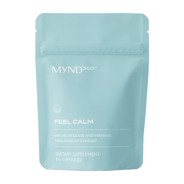 MYND360 Feel Calm dietary supplement  dietary supplement package for stress reduction on a white background
