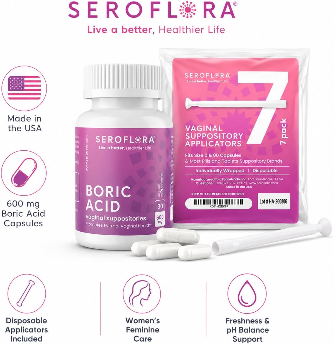 Boric Acid Vaginal Suppositories with Applicators (30/7ct)