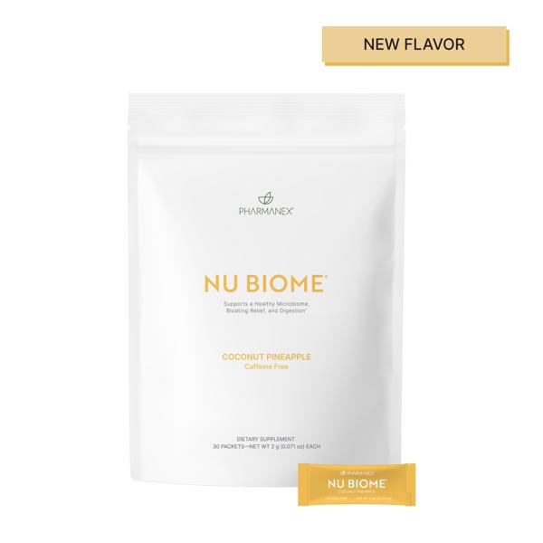 Nu Biome supplement package with Pharmnex branding on a white background