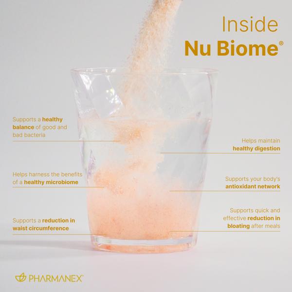 Glass of a probiotic drink with text highlighting benefits, branded as Pharmanex.