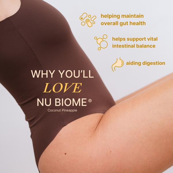 Promotional image of a person wearing a brown swimsuit with text about Nu Biome on a light gray background.