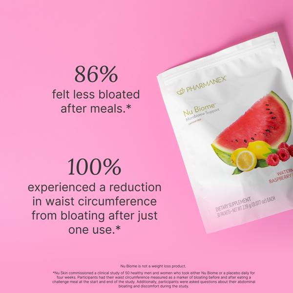 Pharmanex Nu Biome dietary supplement package on a pink background with text about bloating reduction.