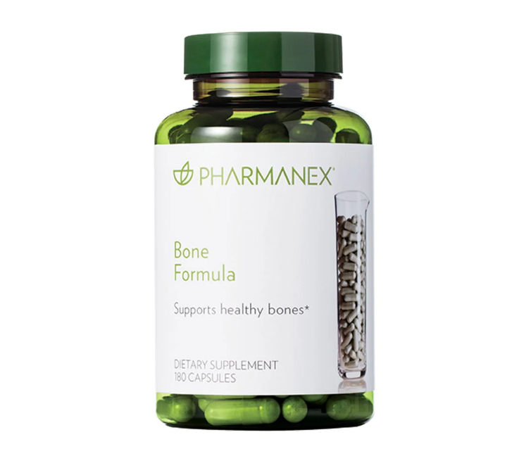 Supplement bottle labeled 'Pharmanex Bone Formula' on a white background