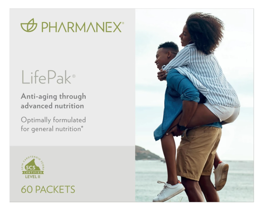 Pharmanex LifePak packaging with a couple walking by a body of water.