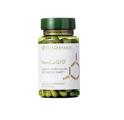 Pharmanex NanoCoQ10 dietary supplement bottle on a white background