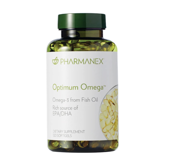 Bottle of Pharmanex Optimum Omega dietary supplement on a white background